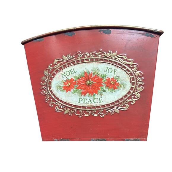 Red Metal Pot Tin Noel Joy Peace Christmas Holiday Flower Plant Planter Vase - Picture 15 of 16